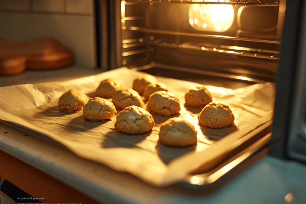 Scoops of raw chookie cookie dough on a tray ready for baking