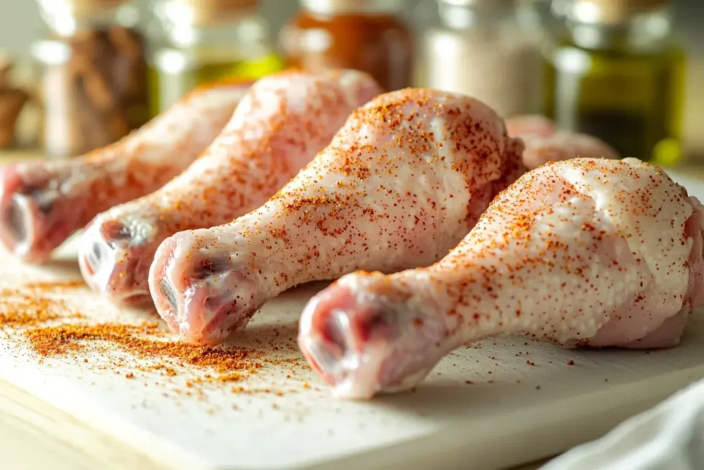 Seasoning chicken drumsticks with BBQ rub