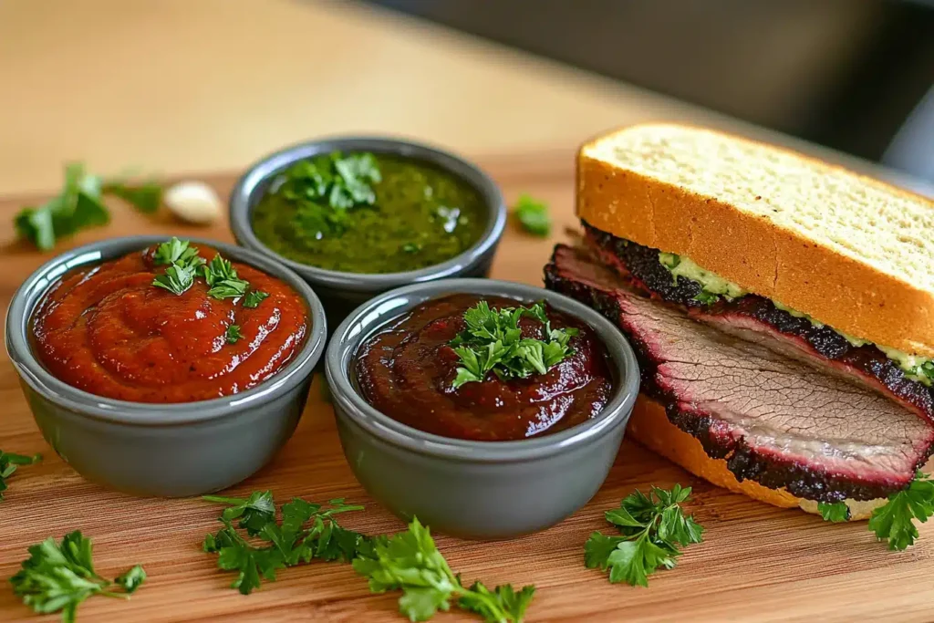 Selection of sauces for brisket sandwiches on a cutting board