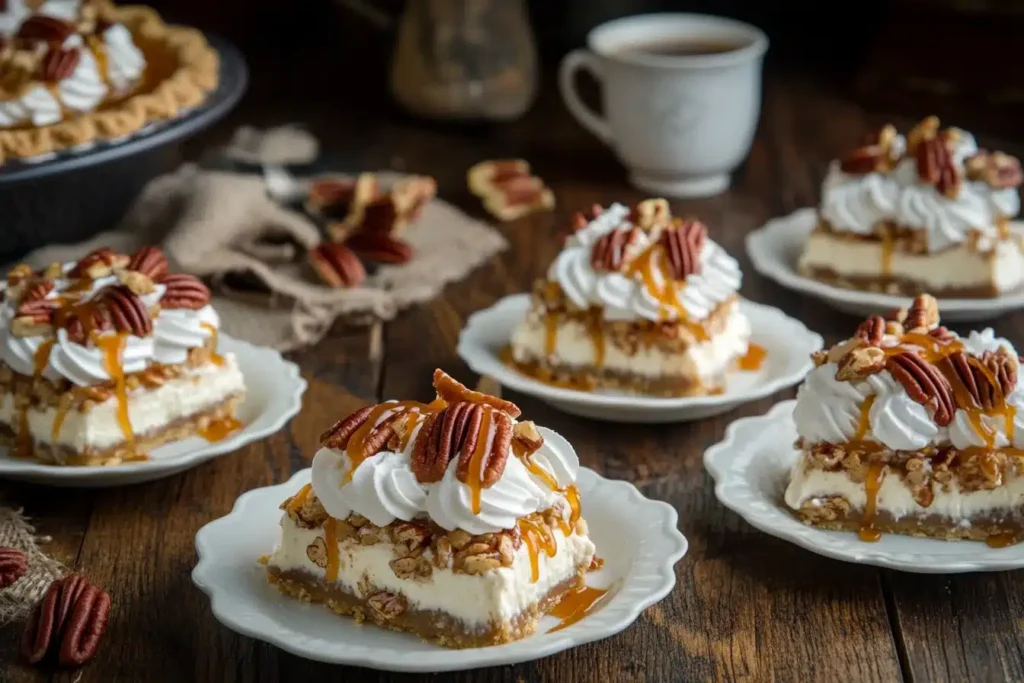 Servings of pecan cream pie with whipped cream and caramel