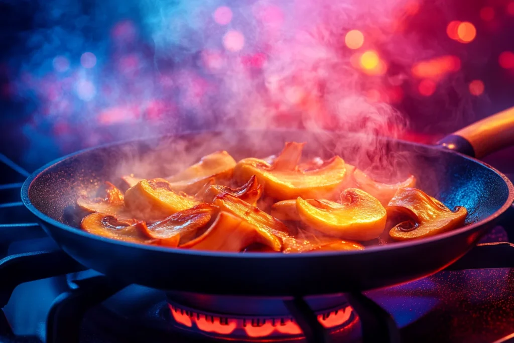 Slices of Lion’s Mane mushrooms sizzling in olive oil inside a black skillet, with steam rising and a vibrant kitchen background