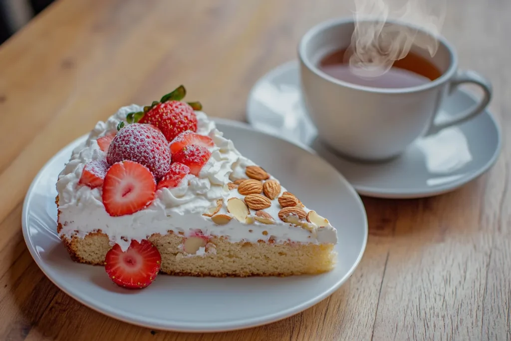 Slice of almond nut cake served with strawberries and whipped cream