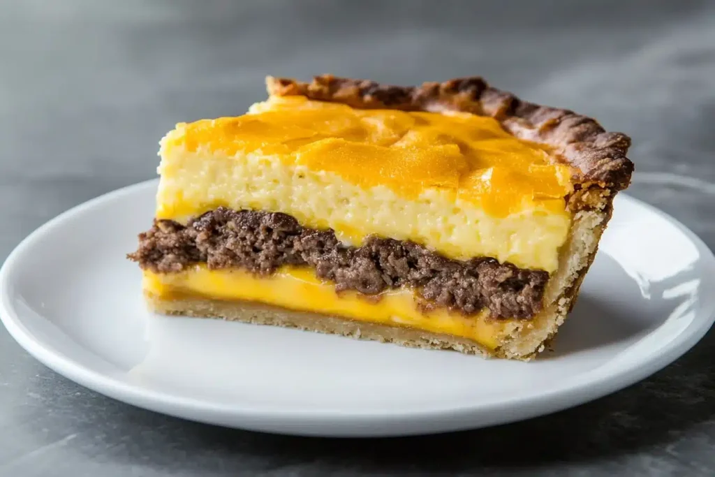 Slice of Impossible Cheeseburger Pie with layered custard and cheesy crust