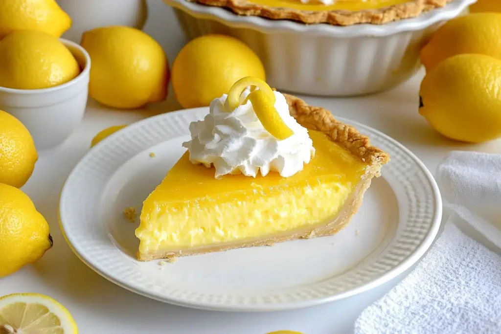 Slice of lemon impossible pie with whipped cream and lemon twist