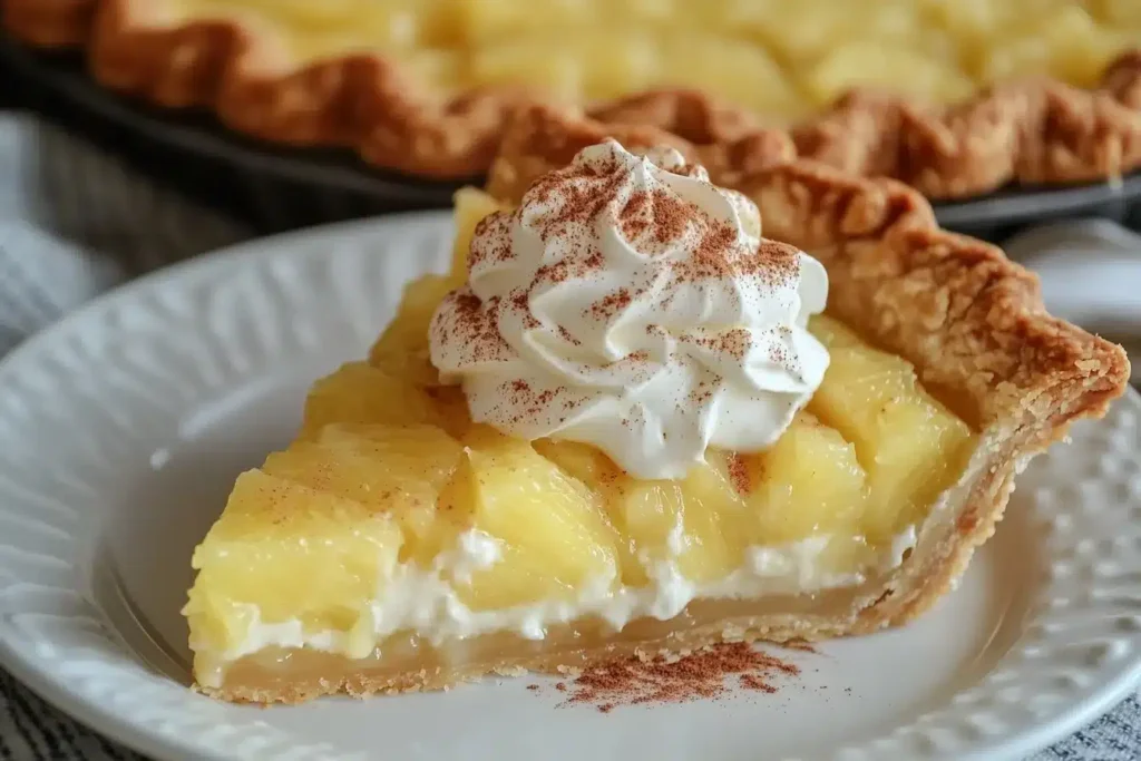 Slice of pineapple pie with whipped cream