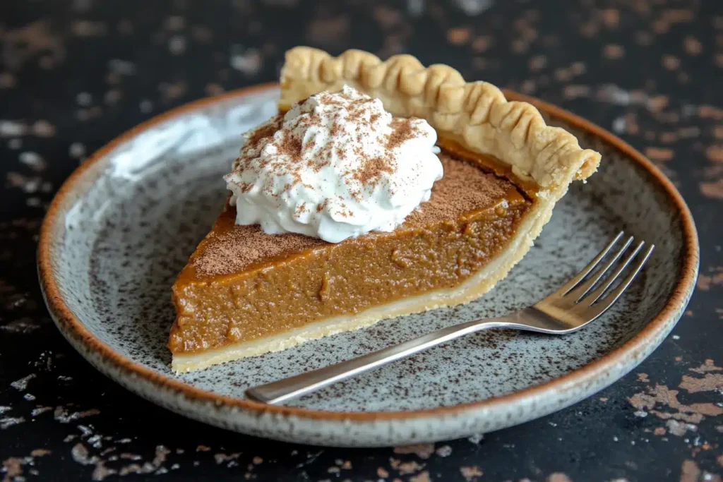 Slice of pumpkin pie topped with whipped cream and cinnamon