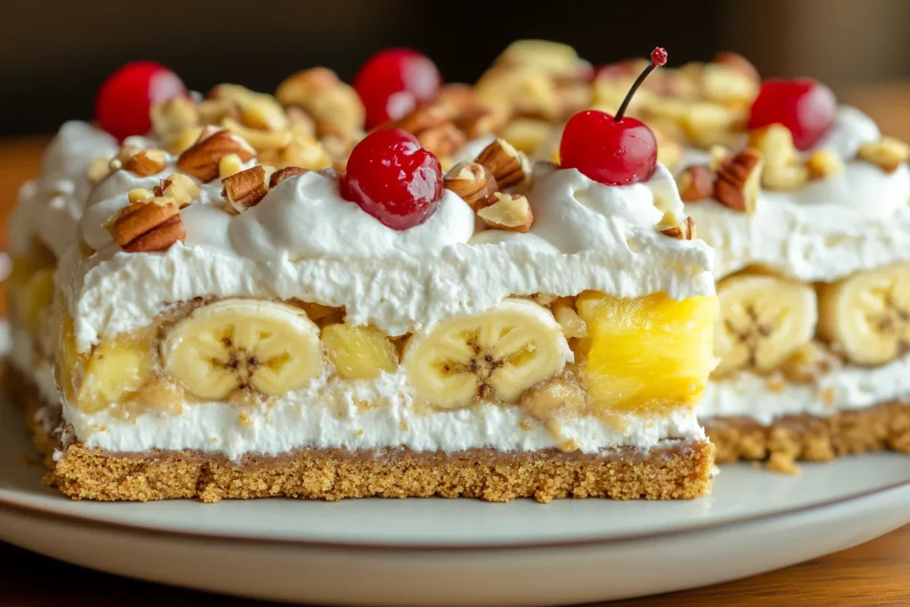 Sliced banana split cake showcasing its creamy layers