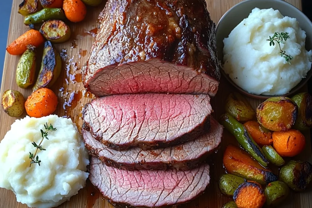 Sliced beef rib eye roast showing juicy pink meat, served with side dishes