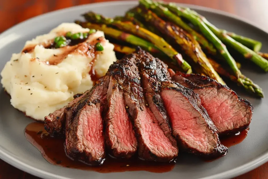 Sliced chuck eye steak with mashed potatoes and asparagus