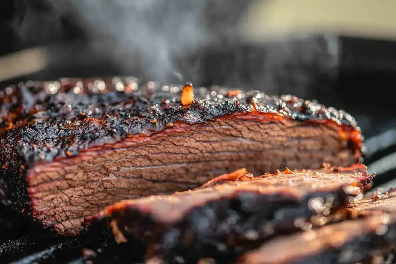 Sliced smoked brisket with a dark crust and tender interior