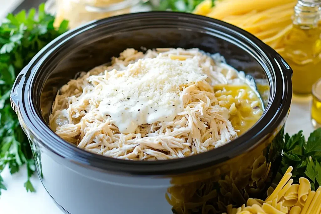 Slow cooker filled with ingredients for Olive Garden Chicken Pasta