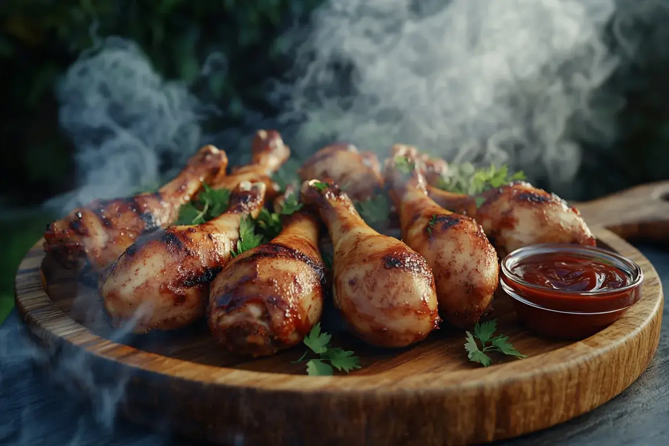 Smoked chicken drumsticks on a wooden platter with BBQ sauce