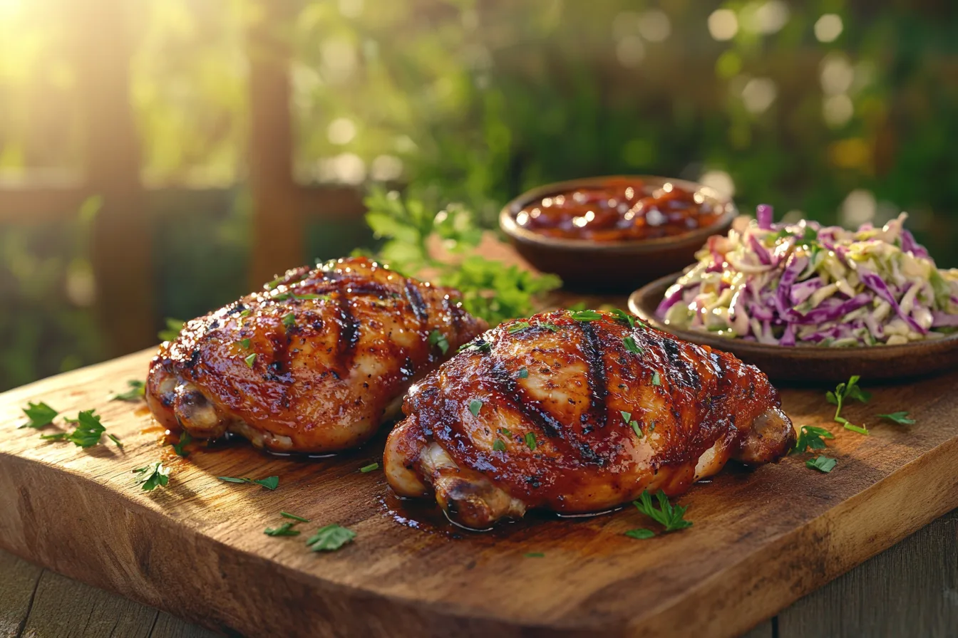 Smoked chicken thighs on a wooden board with barbecue sauce and herbs