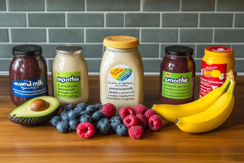 Smoothie ingredients for a yogurt-free recipe, including almond milk, banana, and berries