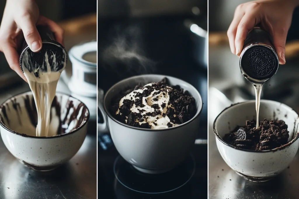 Steps for making an Oreo mug cake: crushing Oreos, mixing batter, and microwaving.