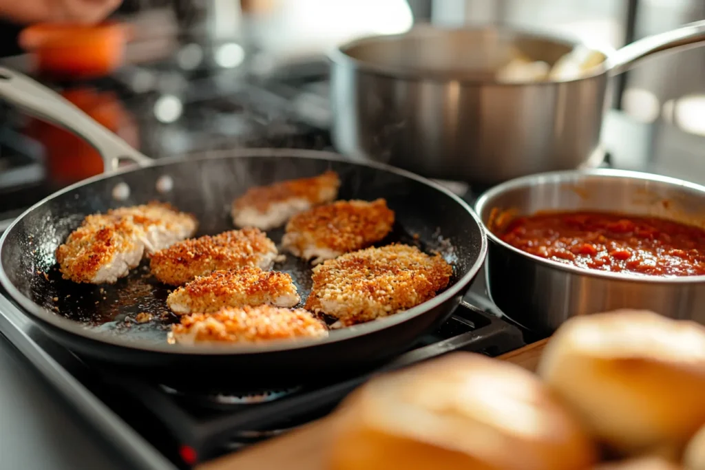 Steps to make a chicken parm sandwich: frying chicken, simmering marinara, and fresh bread