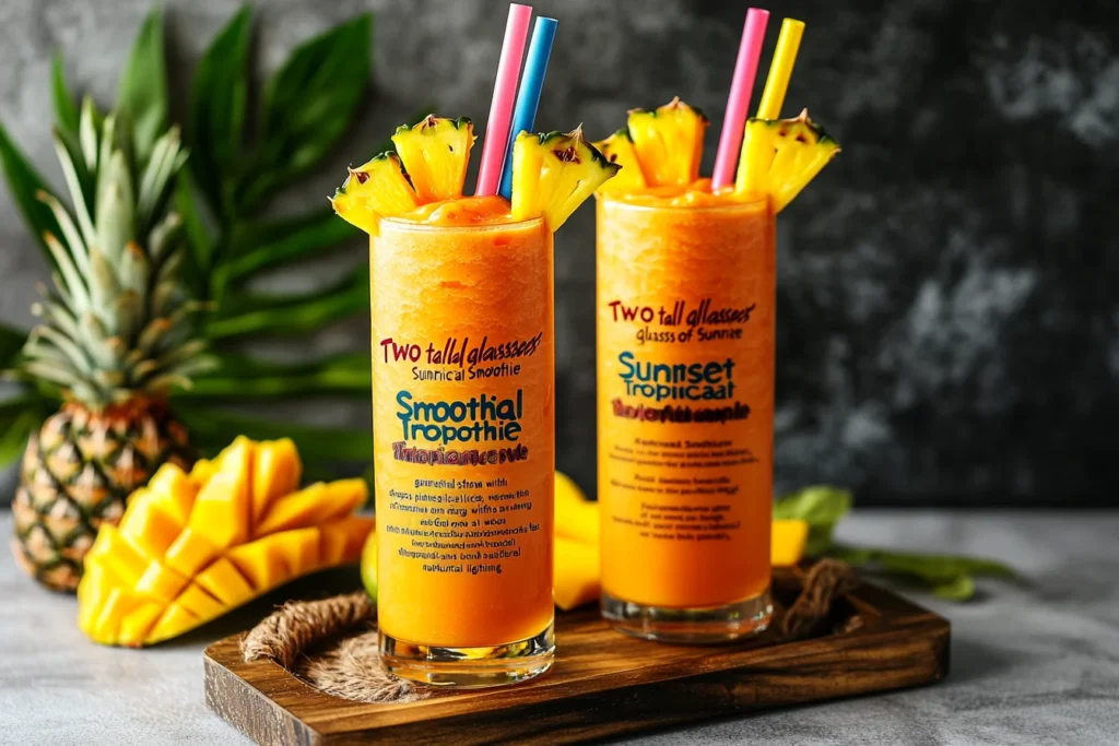 Sunrise Sunset Tropical Smoothie served in glasses with tropical garnishes