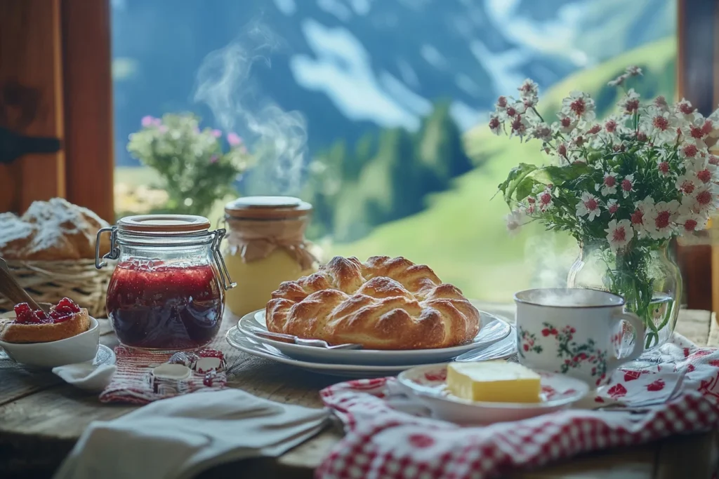 Swiss breakfast table with freshly baked Gipfeli served with coffee, butter, and jam