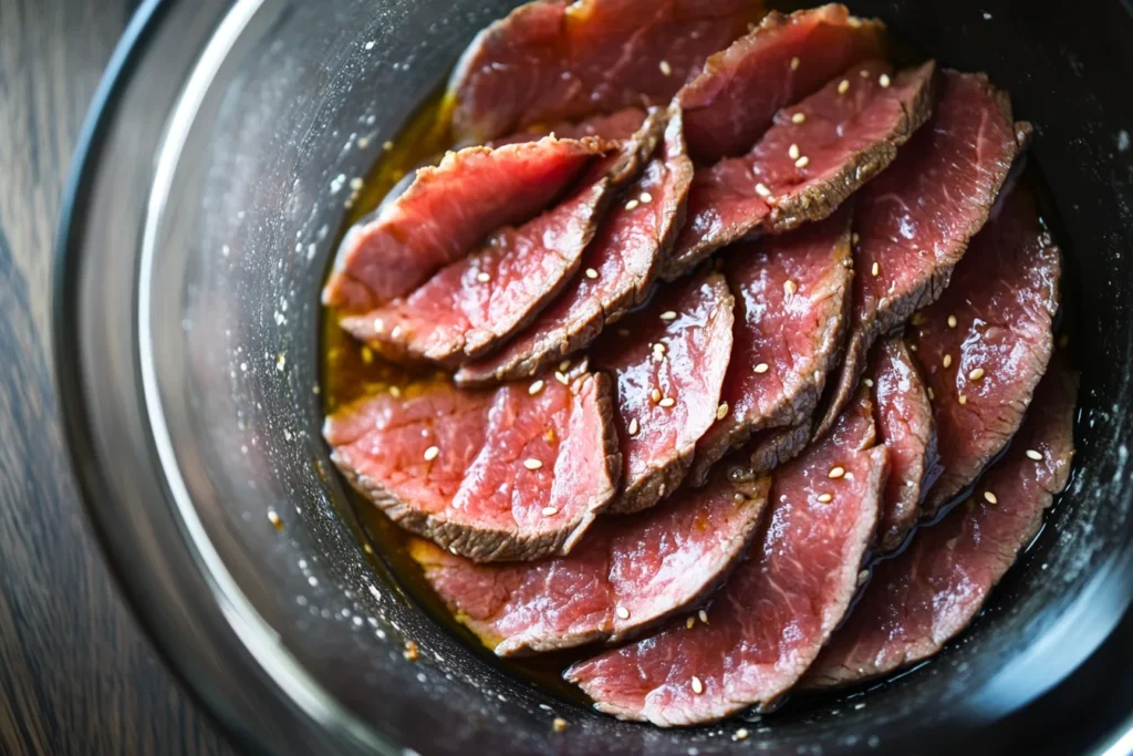 Thinly sliced beef marinating in a soy-based sauce