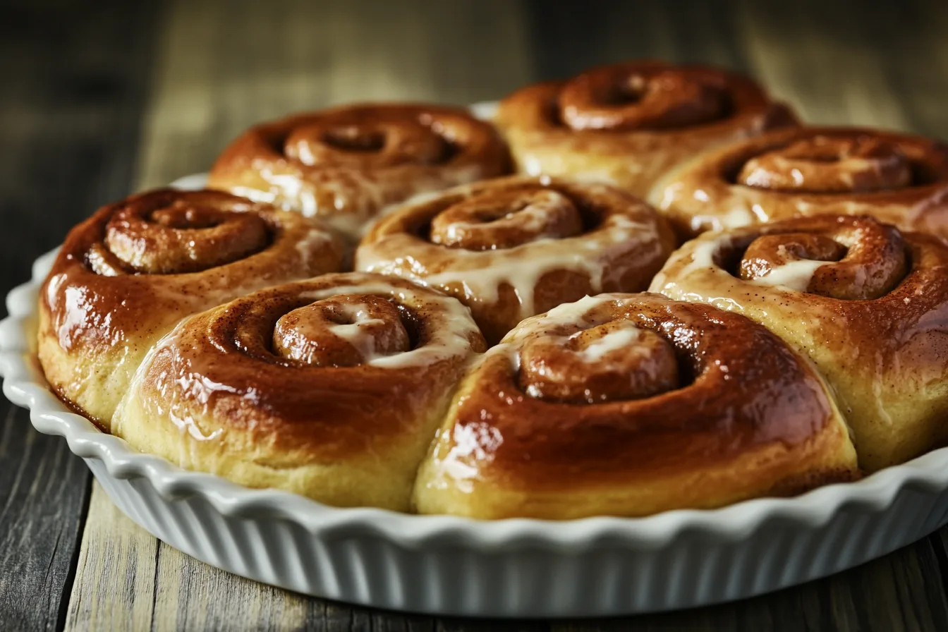 Tray of cinnamon rolls drenched in heavy cream on a wooden table."