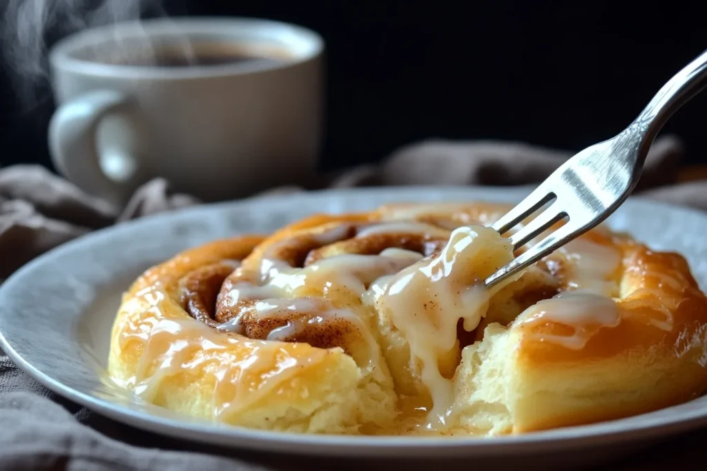 Tray of freshly baked cinnamon rolls soaked in heavy cream, golden brown and gooey