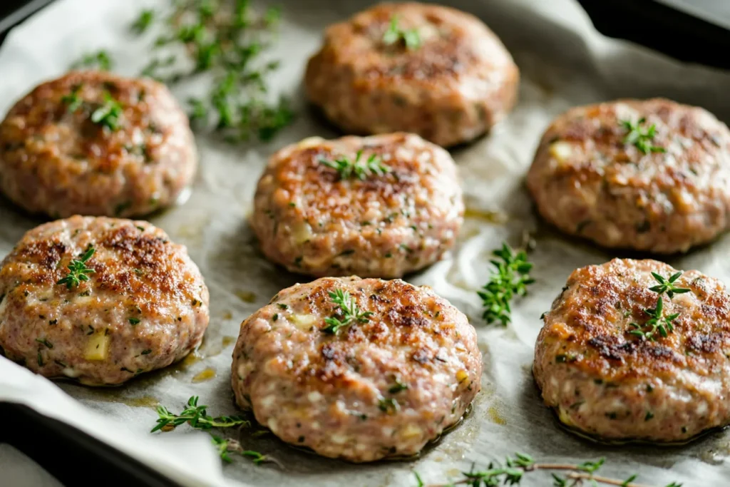 Uncooked chicken apple sausage patties arranged on a tray with fresh thyme sprigs