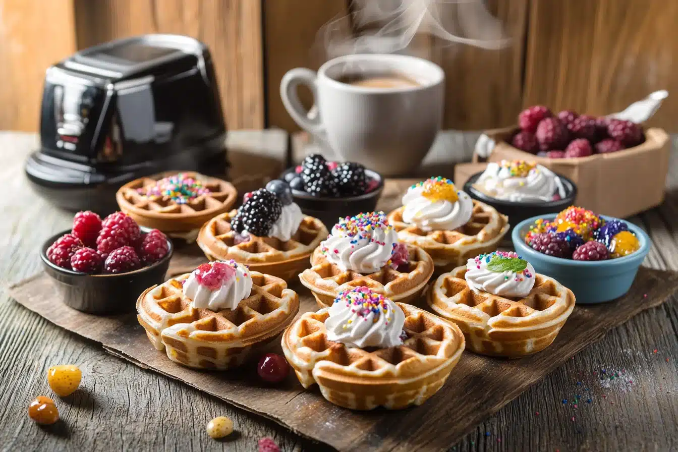 Variety of mini waffles with colorful toppings on a rustic table