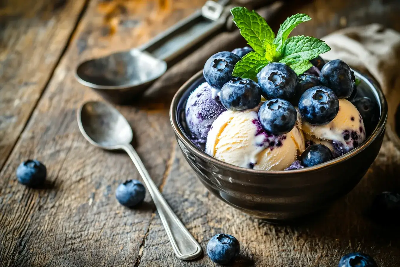 Creamy blueberry ice cream with fresh blueberries and mint leaves