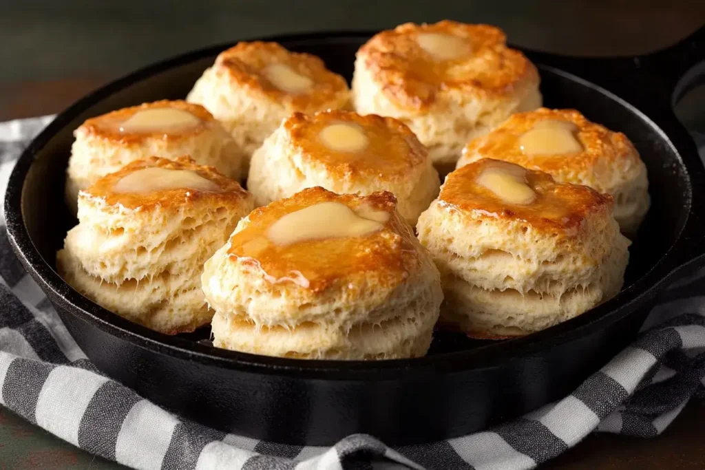 Freshly baked biscuits in a cast iron skillet