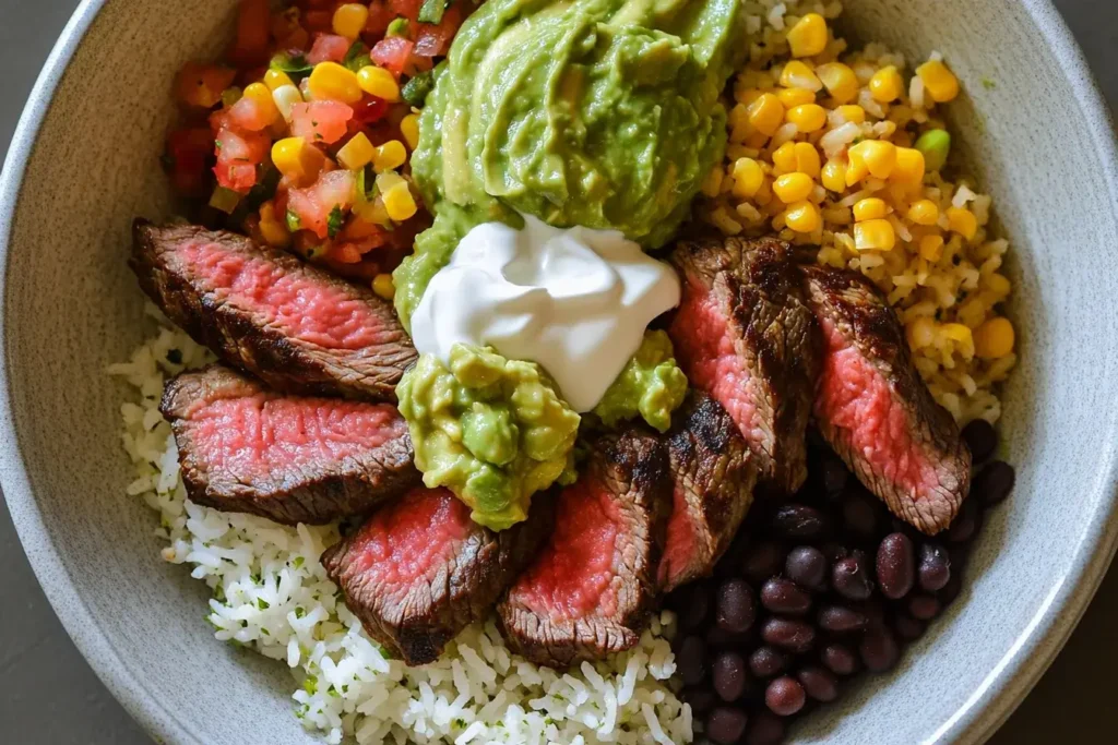 Chipotle steak burrito bowl with colorful toppings