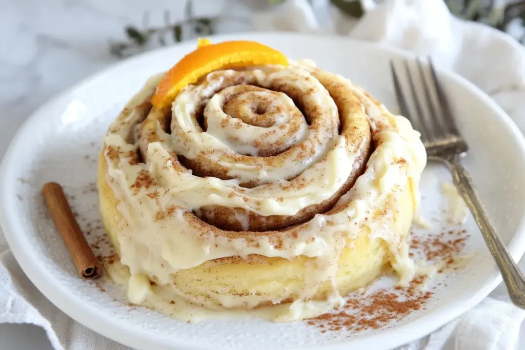 Cinnamon roll with cream cheese icing and garnish