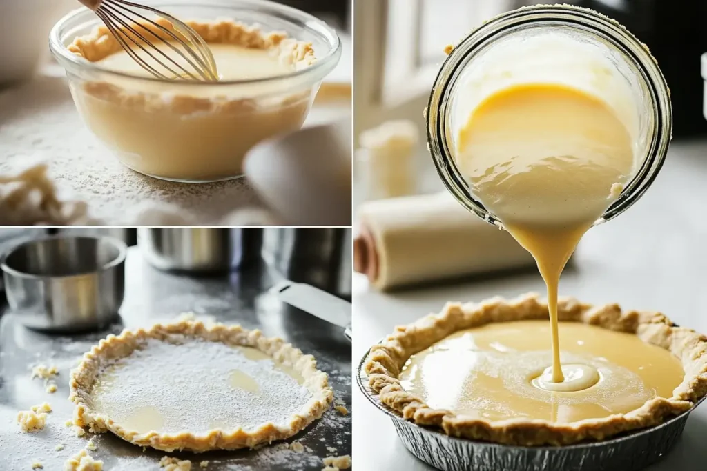 Step-by-step process of making a coconut custard pie