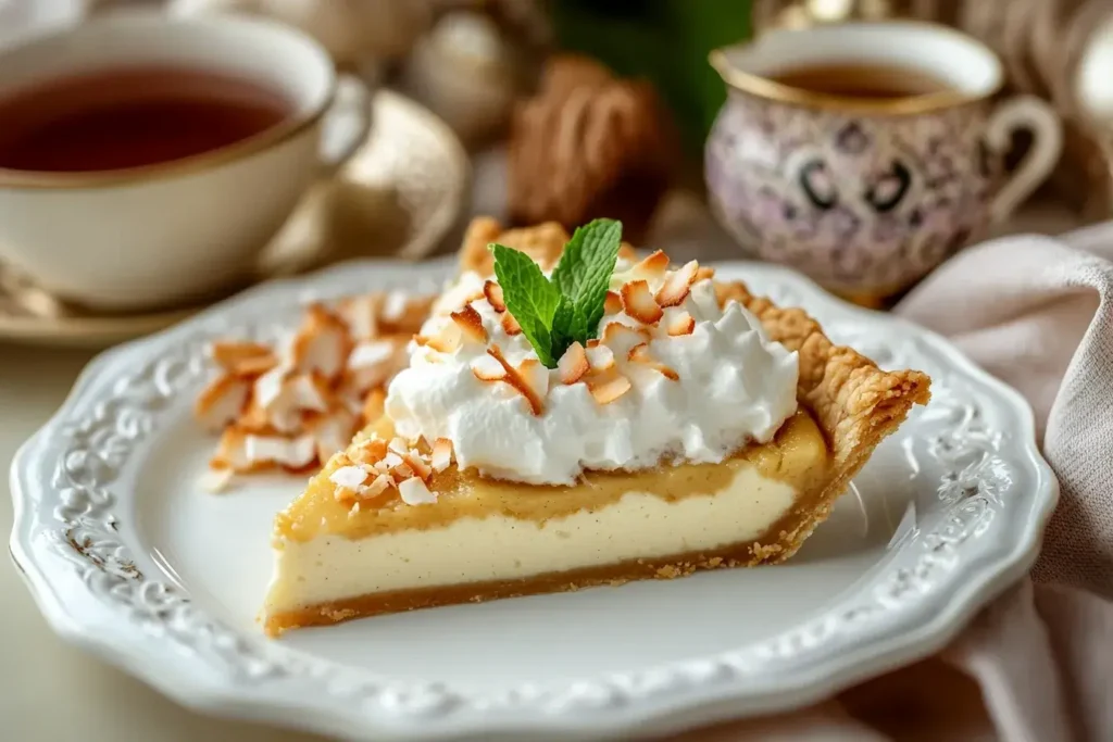 A plated slice of coconut custard pie with whipped cream garnish