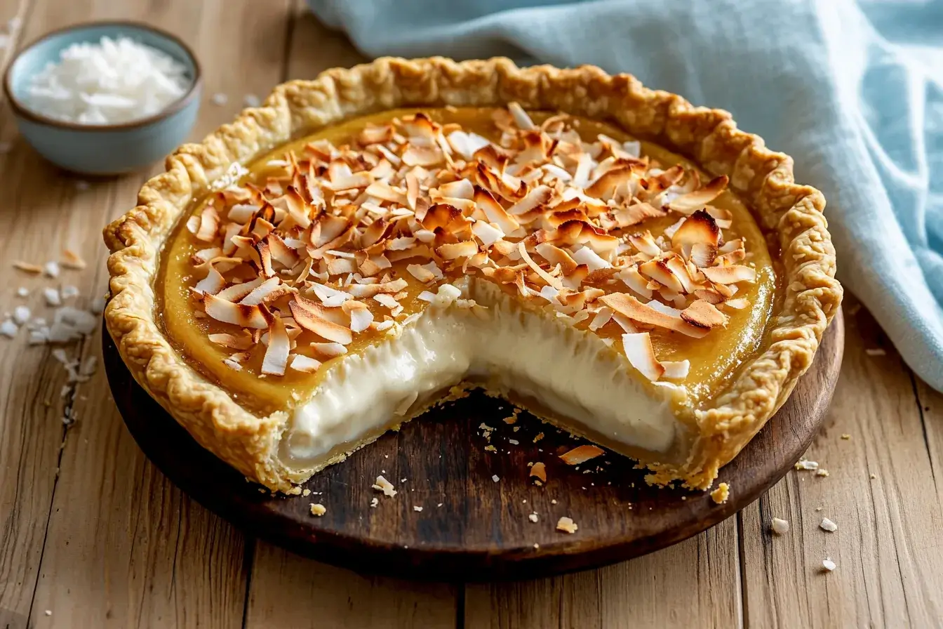 A freshly baked coconut custard pie with toasted coconut flakes