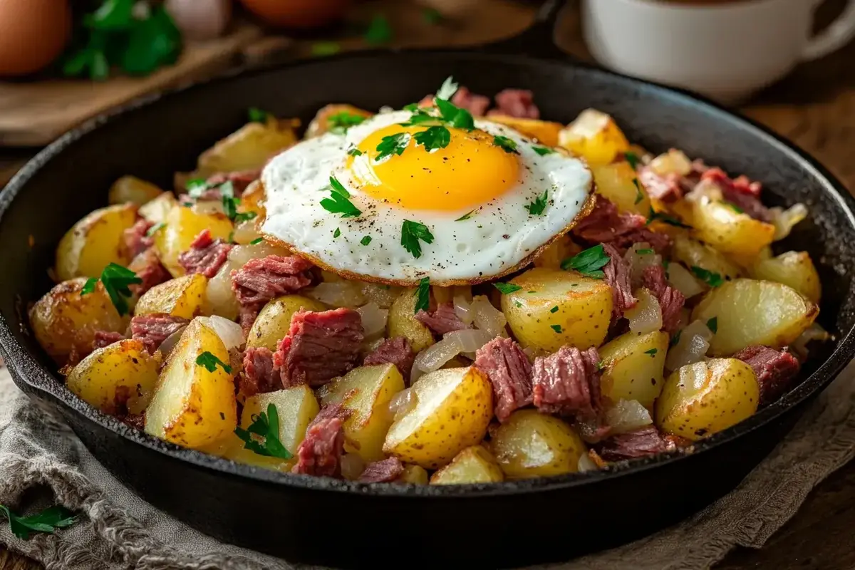 Crispy Corned Beef Hash with Fried Egg in a Rustic Skillet