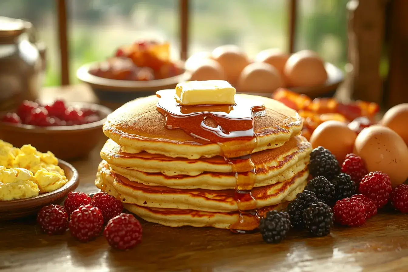 A stack of Cracker Barrel pancakes with butter and maple syrup on a rustic breakfast table