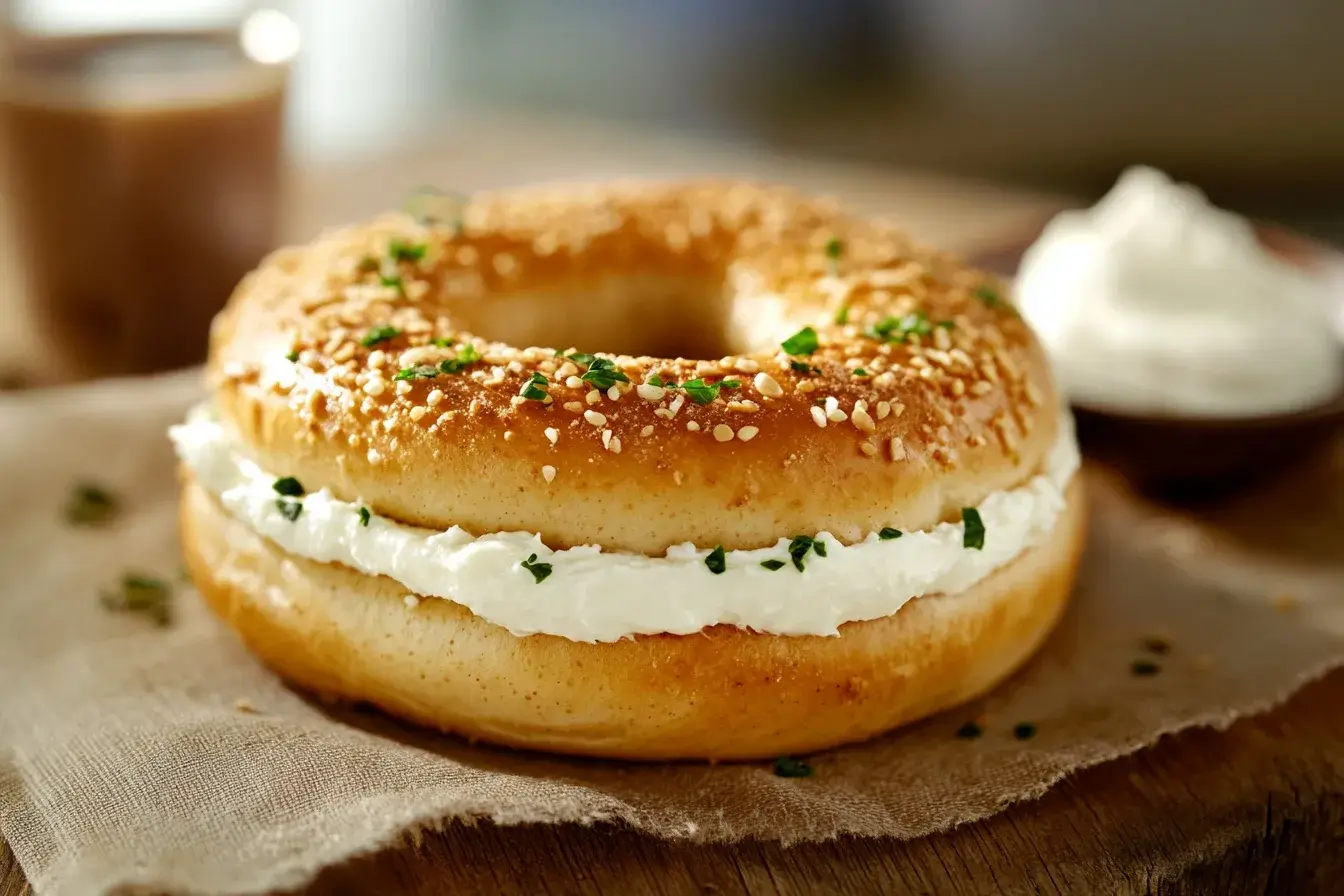 Perfectly toasted bagel with cream cheese and herbs on a rustic table