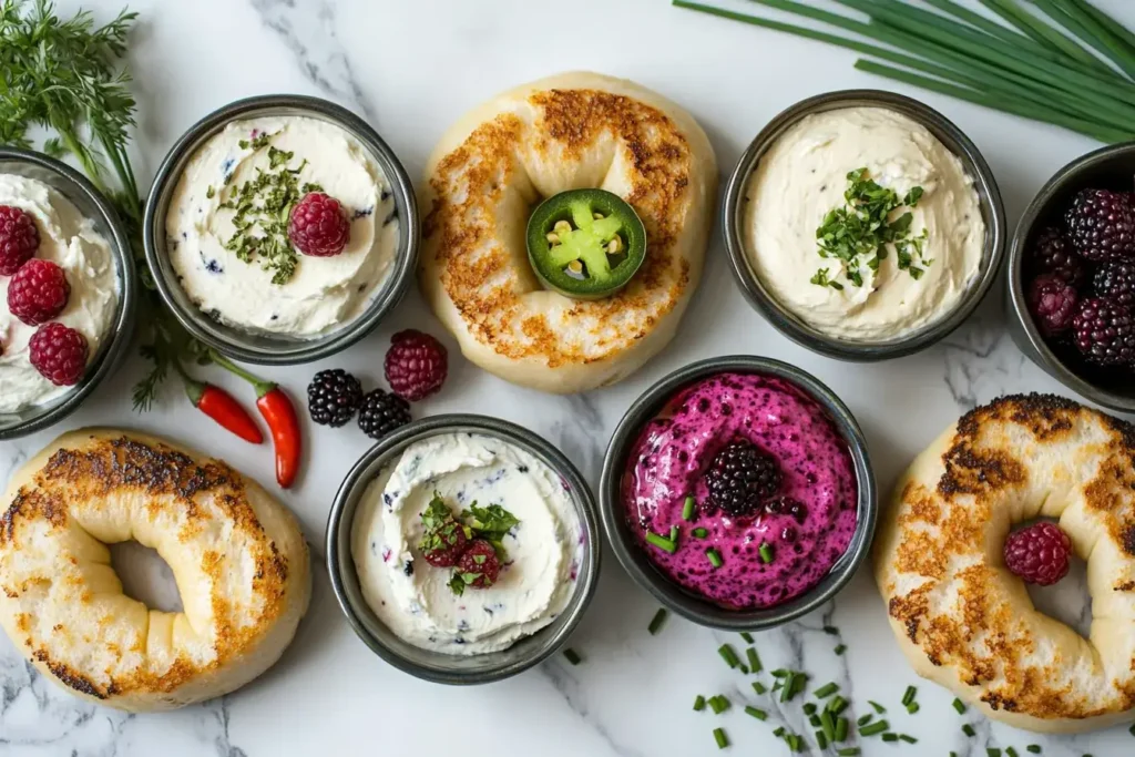 Variety of cream cheese flavors with bagels on a marble countertop