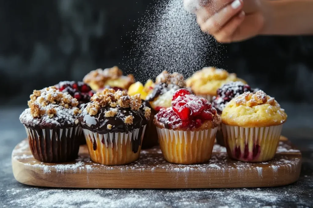 Customized muffins with creative toppings like streusel, chocolate glaze, and fruity sugar glaze