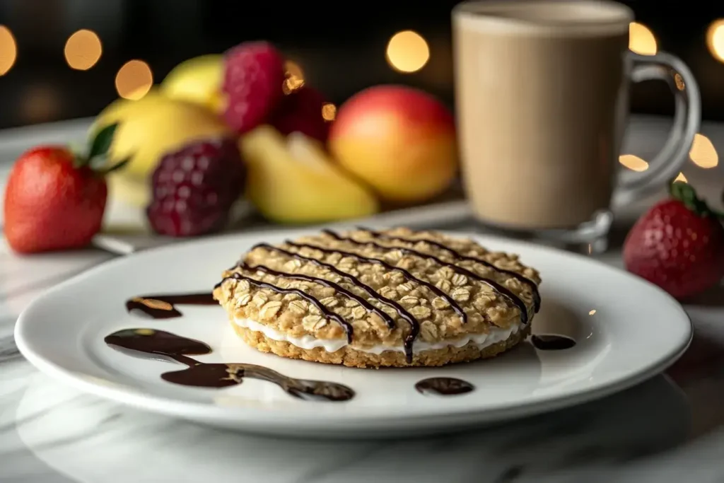 Oatmeal cream pie served with chocolate drizzle and fruit