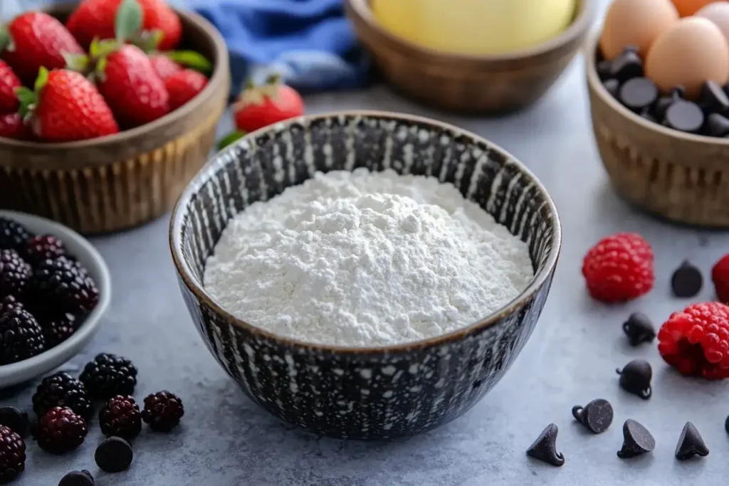 Ingredients for making moist muffins, including buttermilk, eggs, oil, and fresh berries