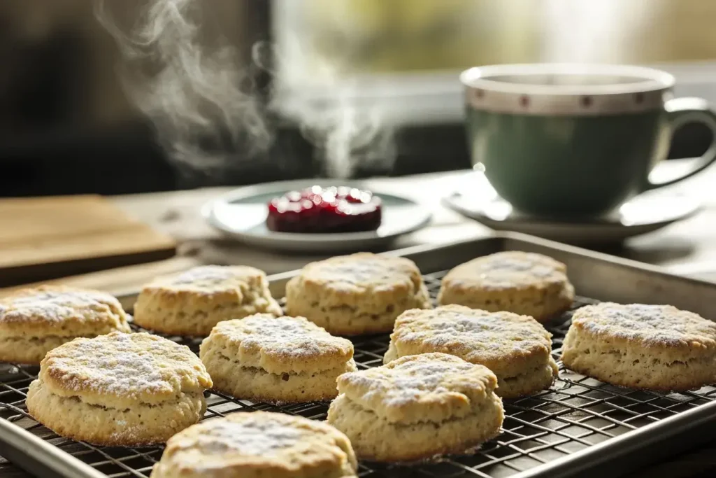 Freshly baked gluten-free biscuits cooling on a wire rack with tea and jam