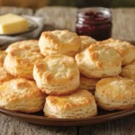 A plate of freshly baked Cracker Barrel biscuits with butter and jam