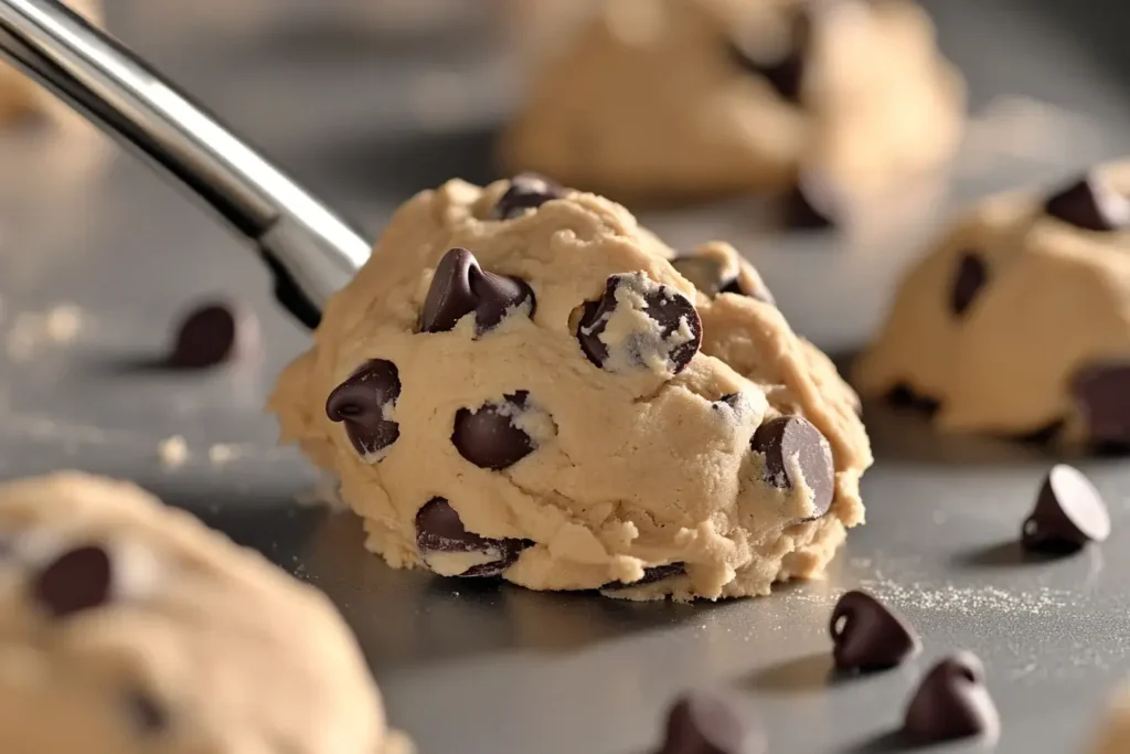 Cookie dough with Ghirardelli chocolate chips being scooped onto a baking sheet