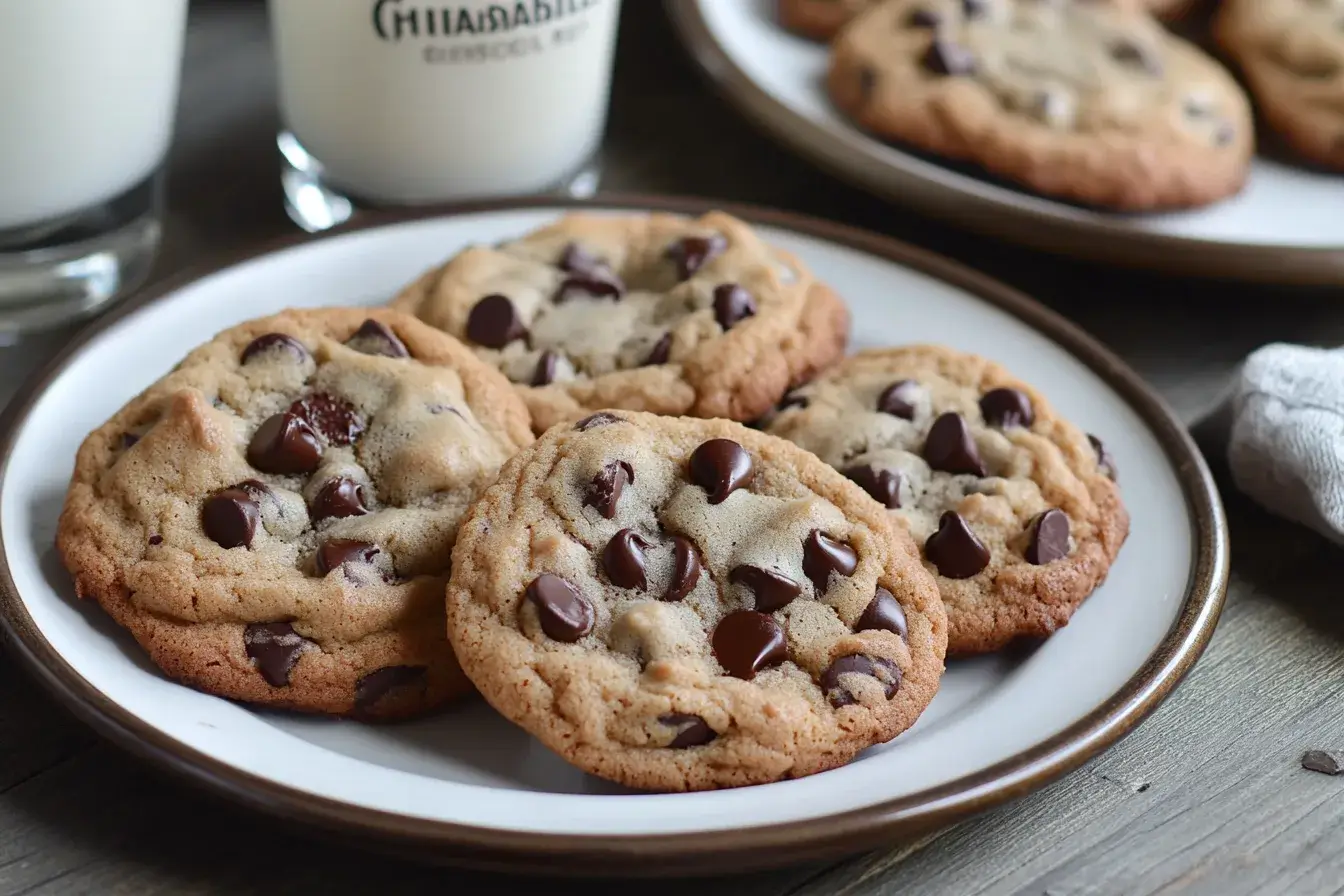 Freshly baked Ghirardelli chocolate chip cookies cooling on a wire rack with a glass of milk