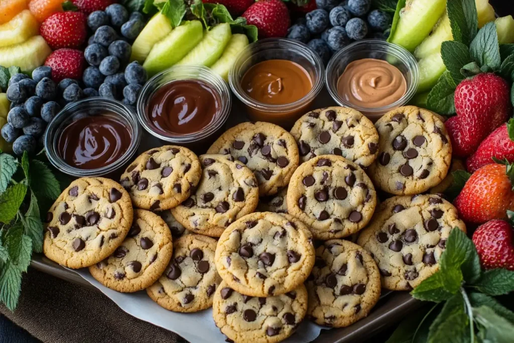 A platter of Ghirardelli chocolate chip cookies with dipping sauces and fresh fruit