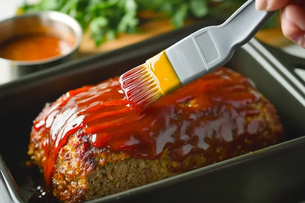 Brushing a rich glaze on a meatloaf for extra flavor and moisture