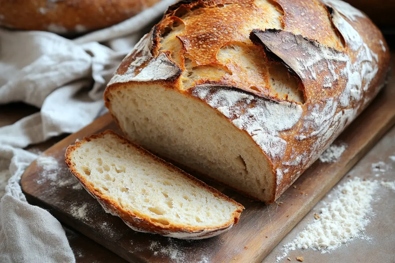 Rustic loaf of gluten-free sourdough bread on a wooden board