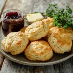 Golden flaky gluten-free biscuits on a plate with jam and butter