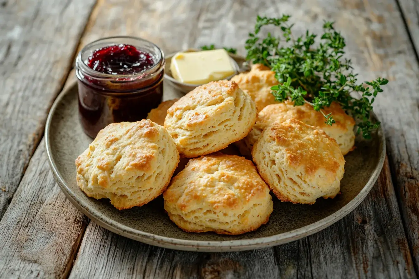 Golden flaky gluten-free biscuits on a plate with jam and butter